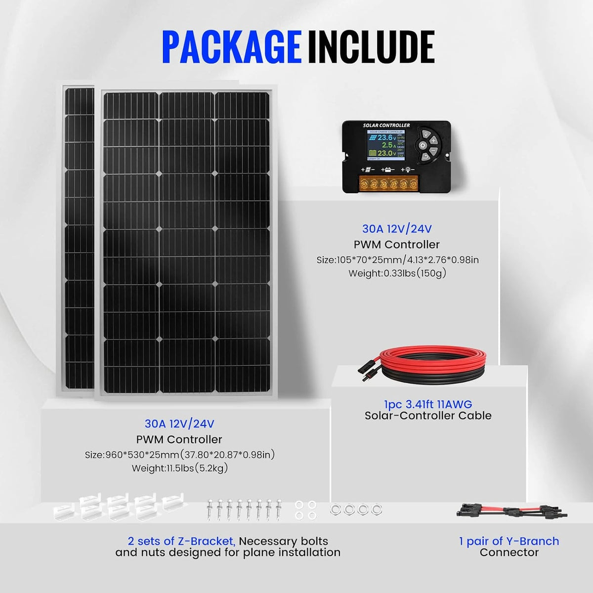 100W Monocrystalline Solar Panel Kit with 20A PWM Controller - 12V/24V High Efficiency Solar Panel for RV, Boat, Cabin, Off-Grid System-2Pack — product view 3