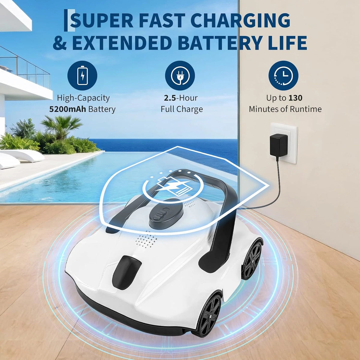 Cordless Robotic Pool Vacuum Cleaner with 130-Min Runtime, Self-Parking Technology for Above-Ground Pools up to 860 Sq.Ft, Efficient Filtration & Portable Design — product view 2