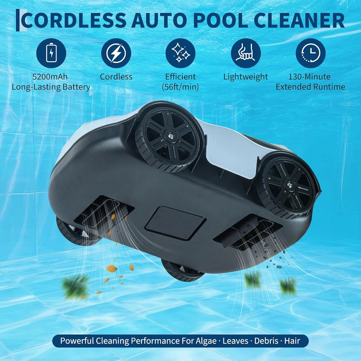 Cordless Robotic Pool Vacuum Cleaner with 130-Min Runtime, Self-Parking Technology for Above-Ground Pools up to 860 Sq.Ft, Efficient Filtration & Portable Design — product view 3