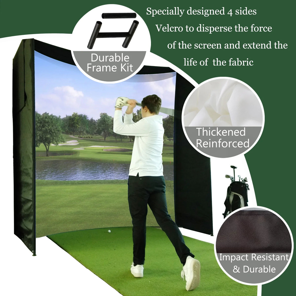 DIY Golf Simulator Impact Screen Frame Enclosure Kit Set, Use with Simulators, Durable Fabric with Velcro, Reinforced Black Border, 9.8'X9.8'X4.9' — product view 2